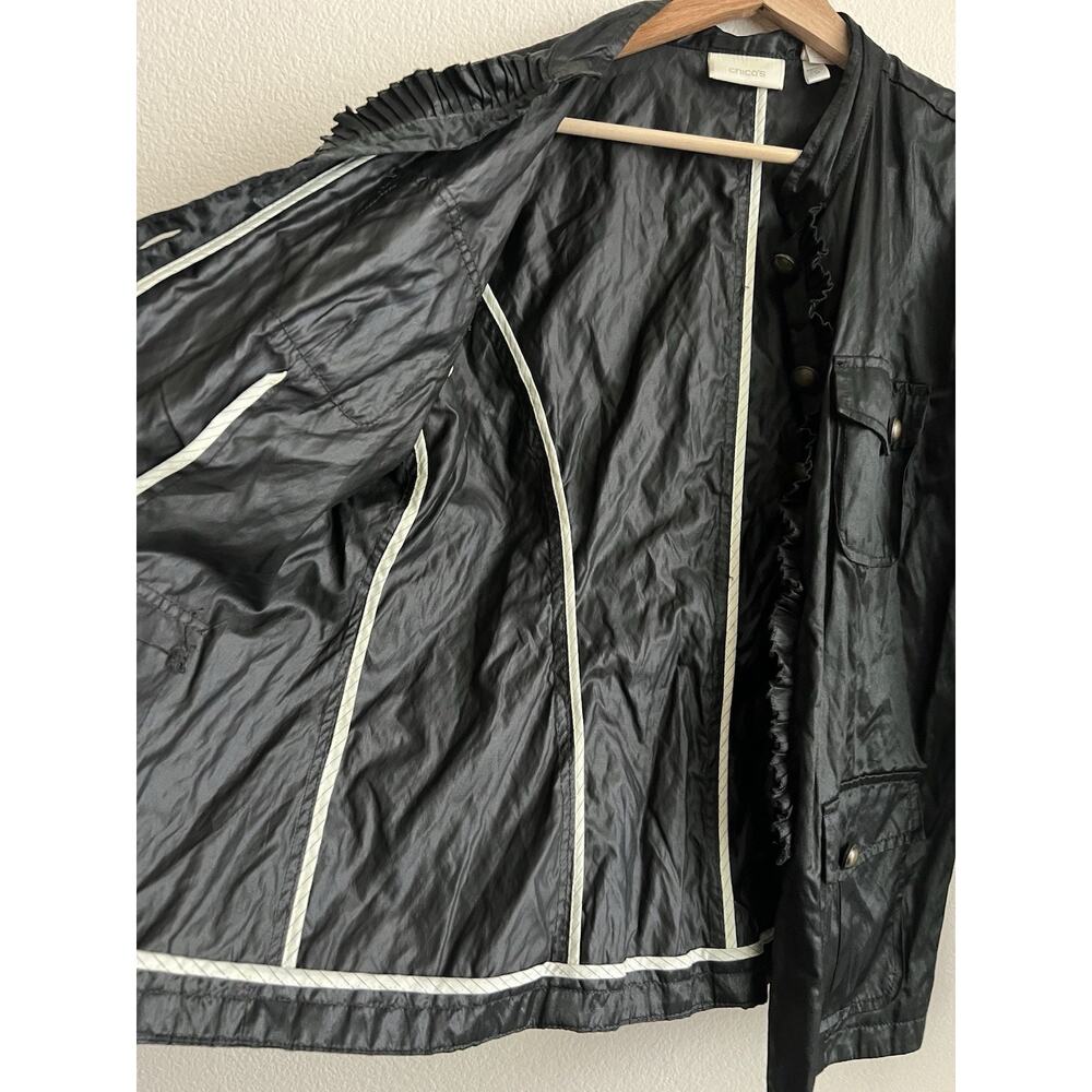 Chicos Jacket Ruffle Shiny Womens Size Large Black Windbreaker - Picture 6 of 10